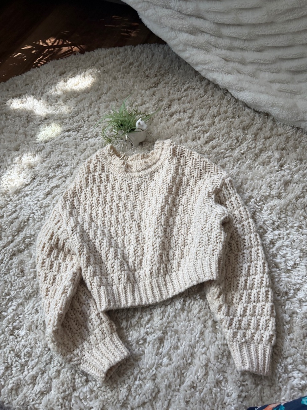 Universal Thread Cropped Cream Cable-Knit Crewneck Sweater